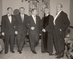 At the Sacred Service after-party (from left to right):Organ player Ludwig Altman, Unknown, Issac Stern, Cantor Reuben Rinder, Marc Lavry